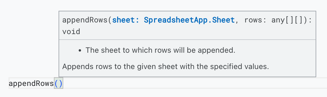 appendRows function with a helpful message and type hints