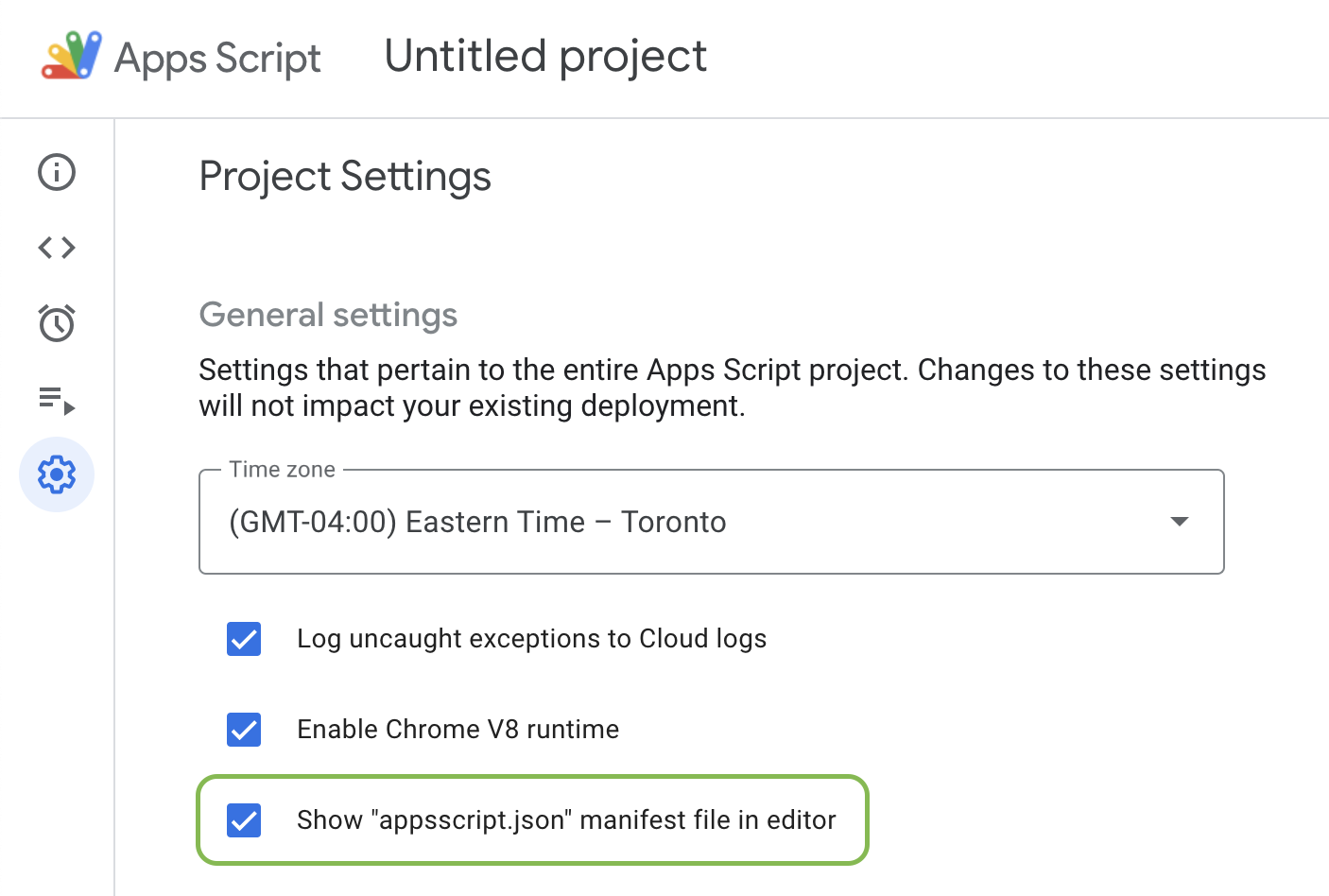 Enable access to appsscript.json manifest file in the project settings