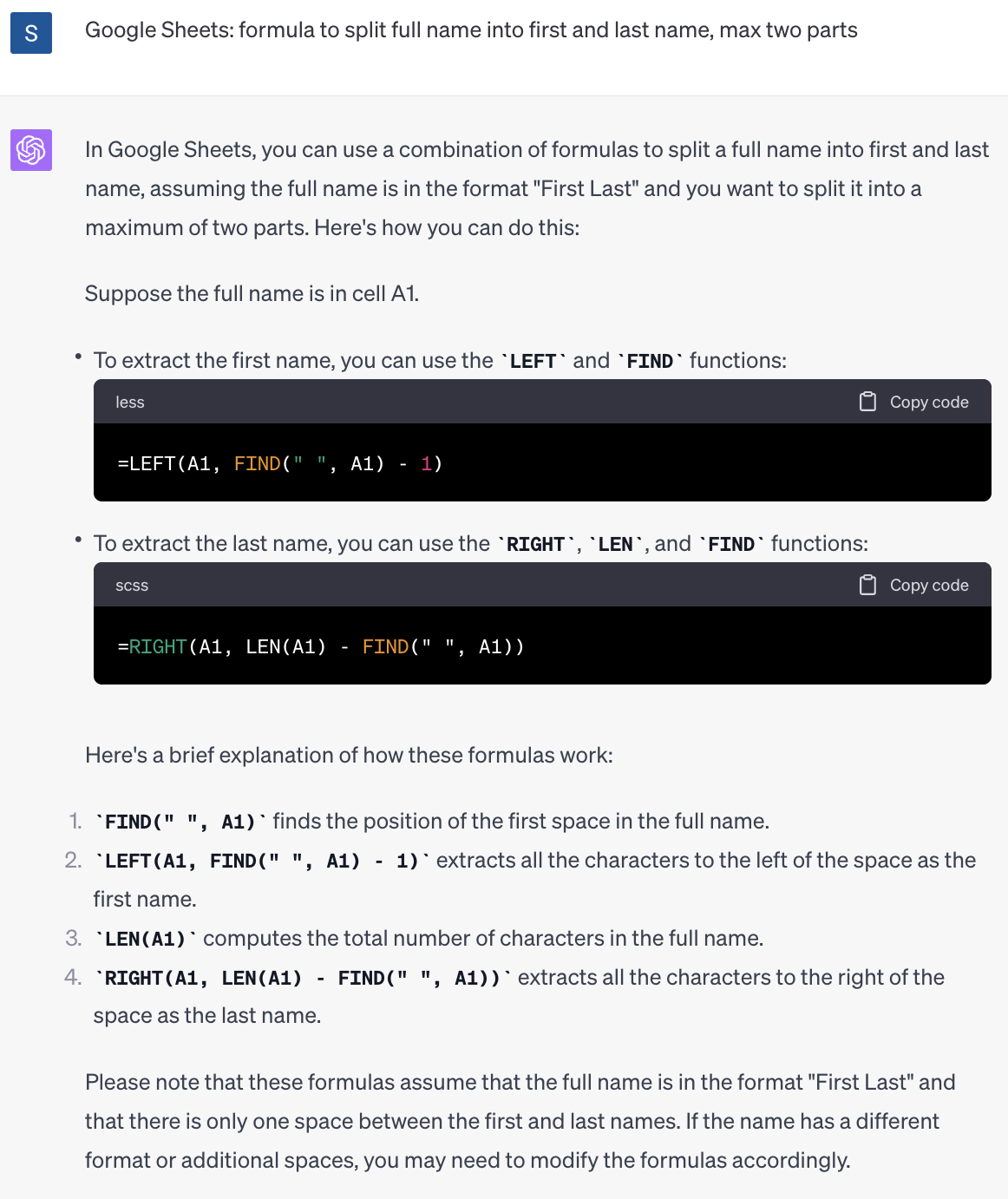 ChatGPT writing Google Sheets formula to split first and last name