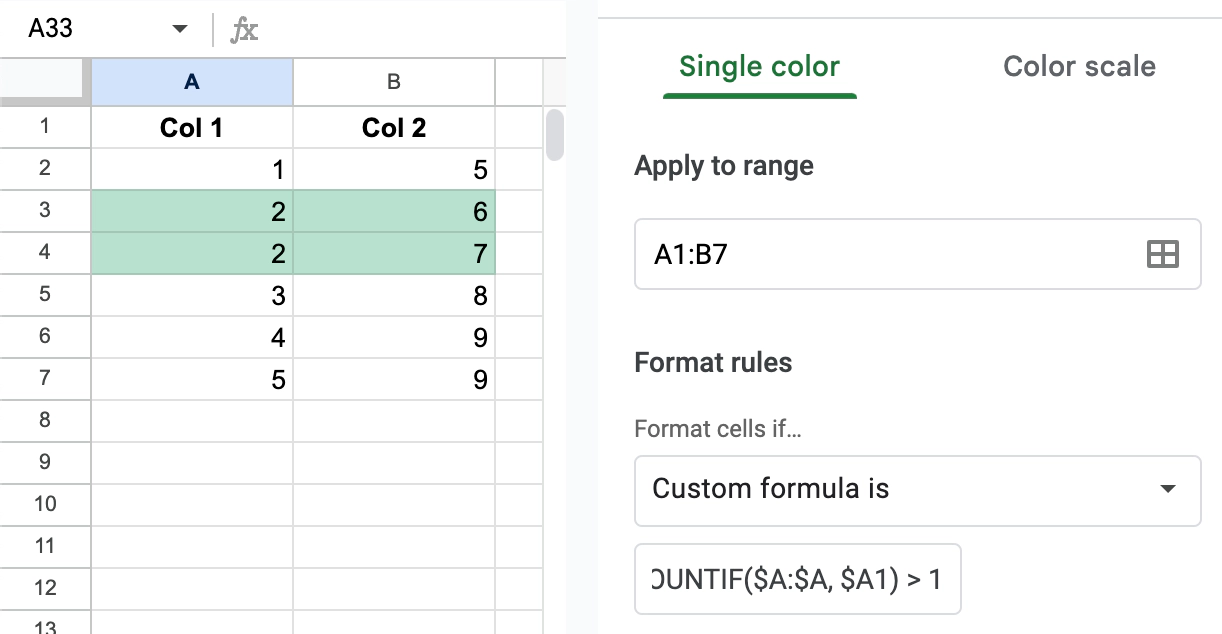 Highlight the entire row if there's a duplicate in column A