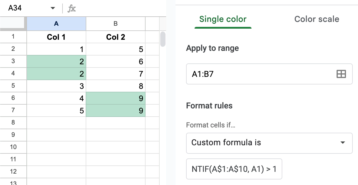 Highlight duplicates in each column of the range independently