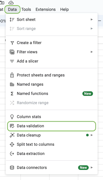 Open data validation section from the main menu