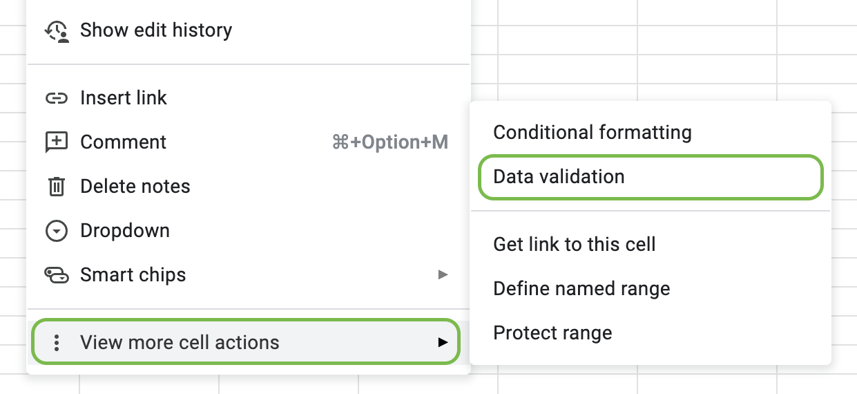 Open data validation section from the context menu