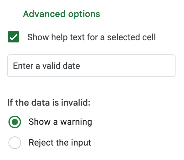 Advanced settings of the date picker data validation rule