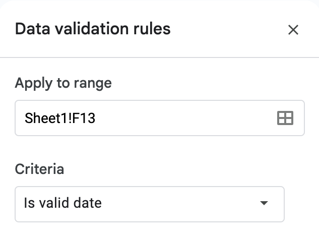 Date picker data validation rule