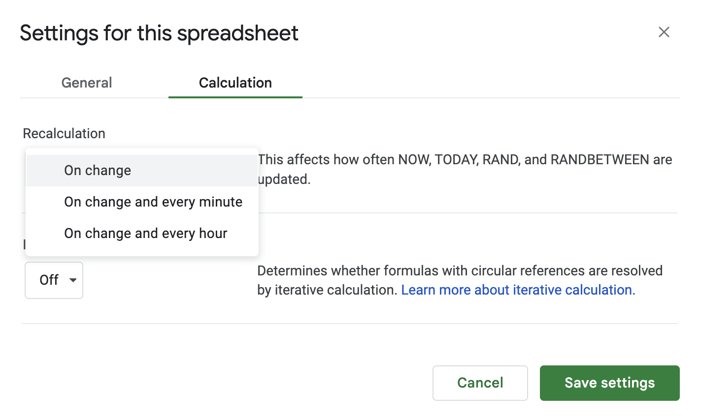 Spreadsheet calculation settings