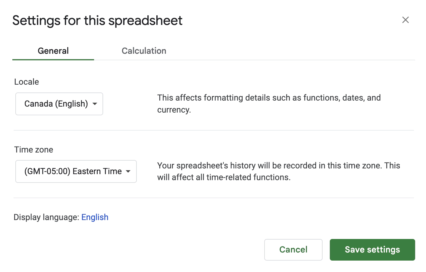 Spreadsheet settings