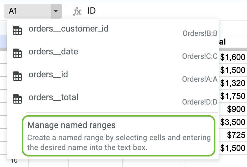 Access the Named ranges panel via the Name box