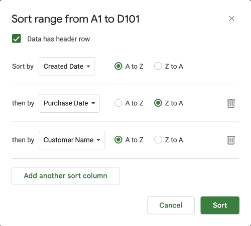 Sorting by multiple columns with the advanced sort