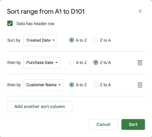 Sorting by multiple columns with the advanced sort