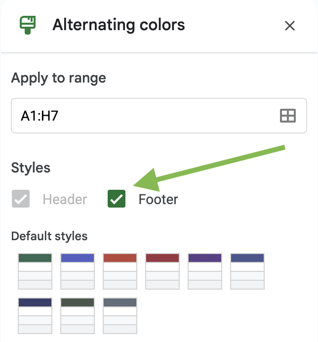 Enable footer row in Alternating colors