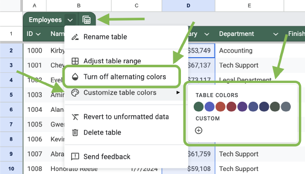 Change table color