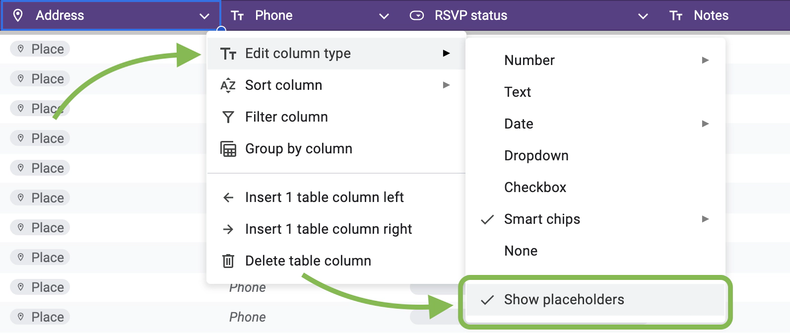 Turn column’s placeholders on or off