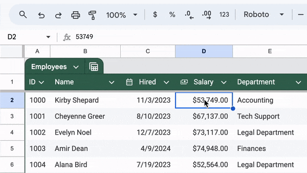 Format the entire column by formatting only one cell