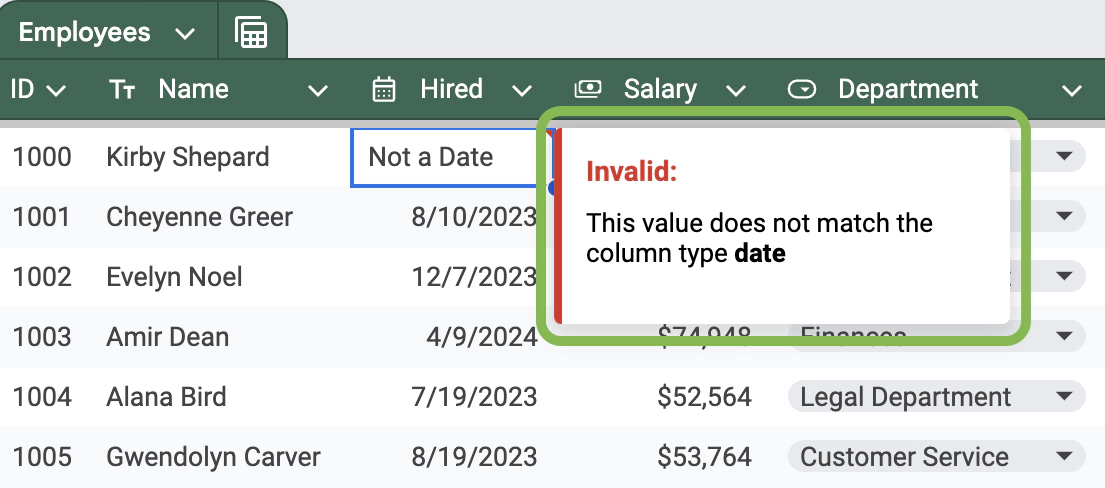 Invalid data type warning