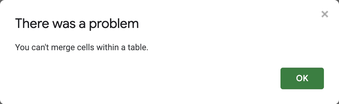 Merging cells is not allowed in tables