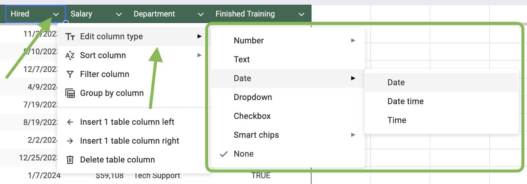 Set the columns data type