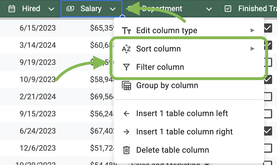 Access sorting and filtering via the column menu