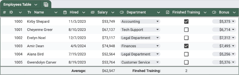 Footer row with totals