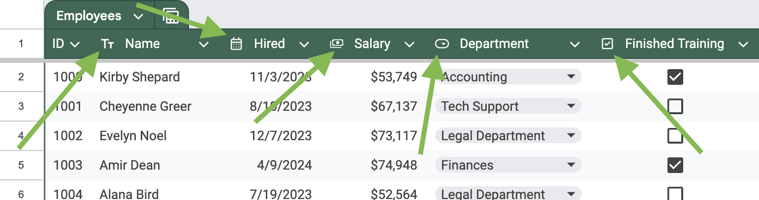 Column's data type as icon