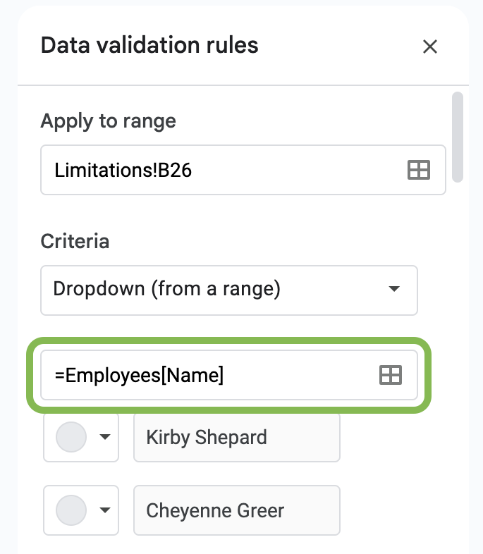 Table references work in data validation dropdowns