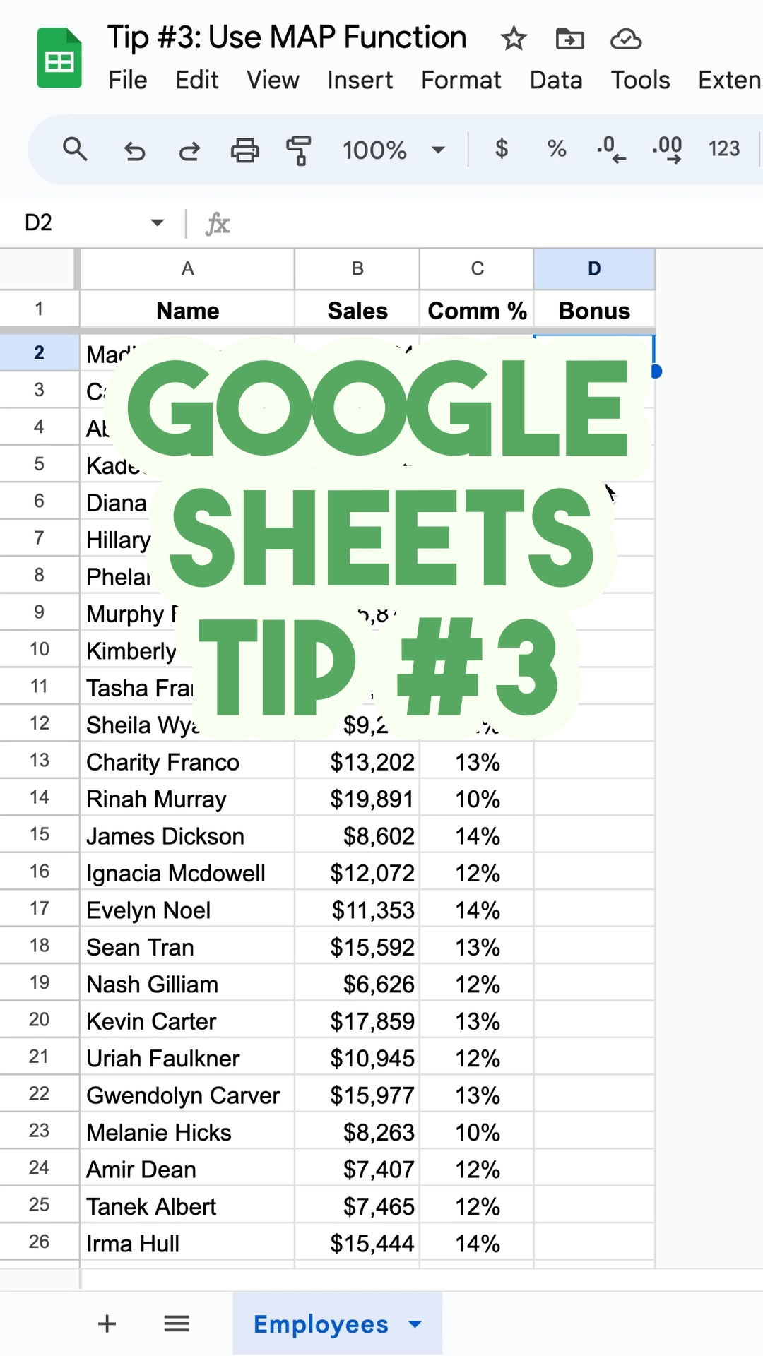 Youtube video Google Sheets Tip #3: Use One Formula Instead of Many